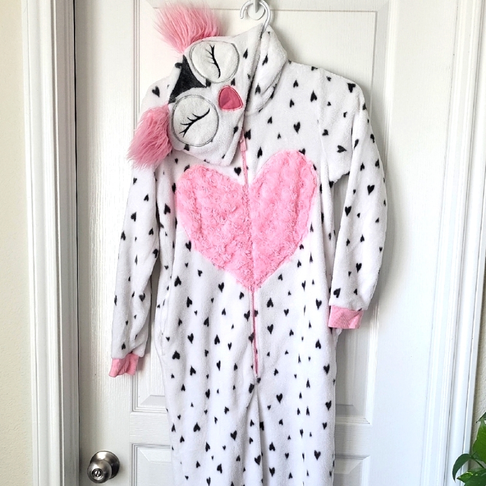 Secret Treasures White & Pink Heart Fleece Pajamas Onesie Costume with Owl Hood
